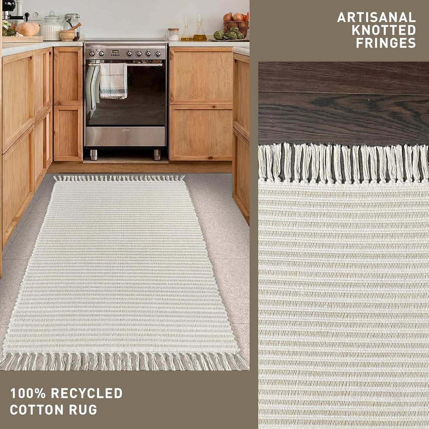 Chardin home Beige & Ivory Providence Runner 2.5x8 feet |Hand Woven Farmhouse Rug with Hand Knotted Fringes|Great in Kitchens entryways Hallways Bathrooms Meditation Yoga Mat|Reversible Cotton Rug