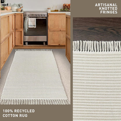 Chardin home Beige & Ivory Providence Runner 2.5x8 feet |Hand Woven Farmhouse Rug with Hand Knotted Fringes|Great in Kitchens entryways Hallways Bathrooms Meditation Yoga Mat|Reversible Cotton Rug