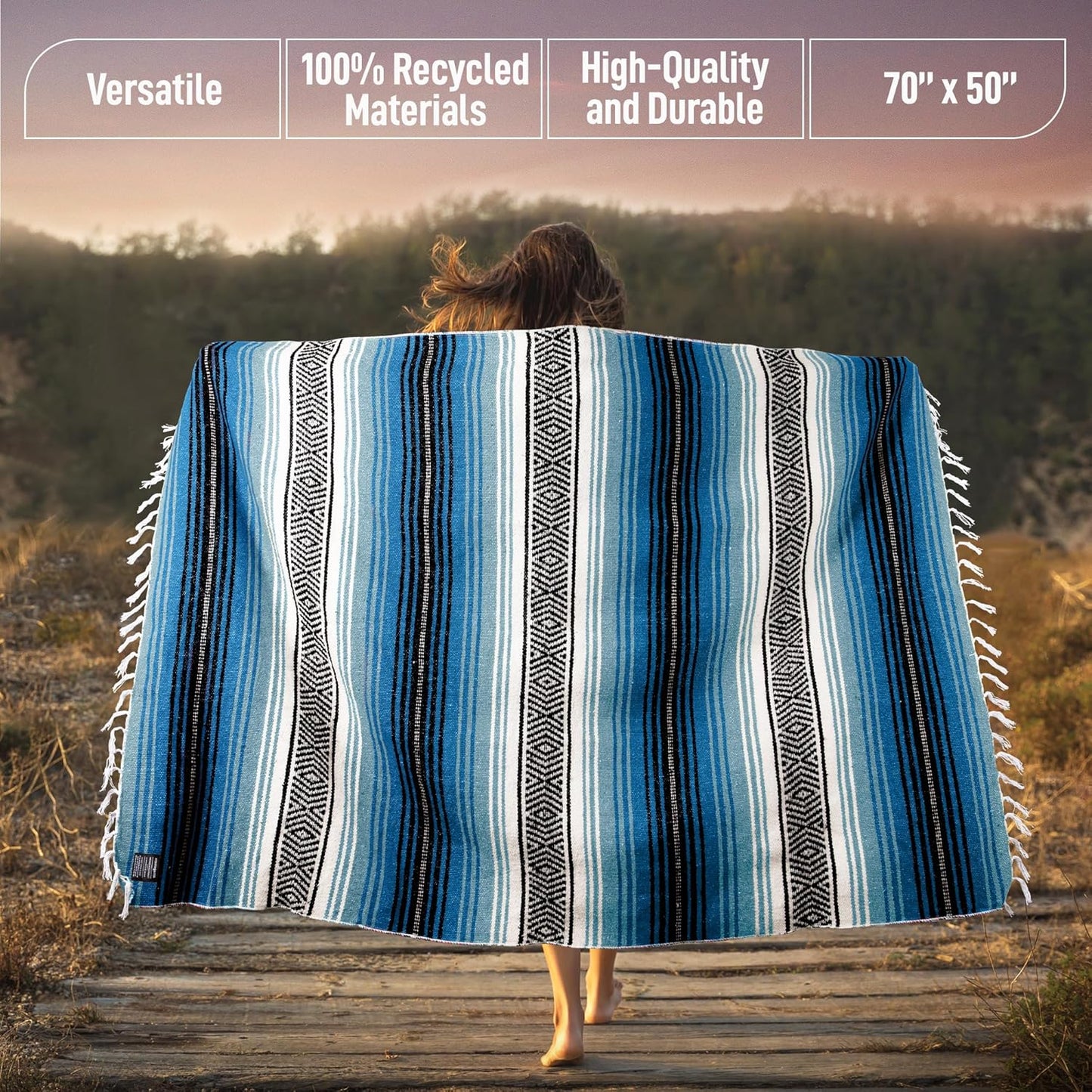 Hydration Nation Authentic Large Handwoven Mexican Blanket - Soft Yoga - Durable Serape - Lightweight Falsa, Beach, Camping, Picnic, Outdoor 70"x50" - Mandarin