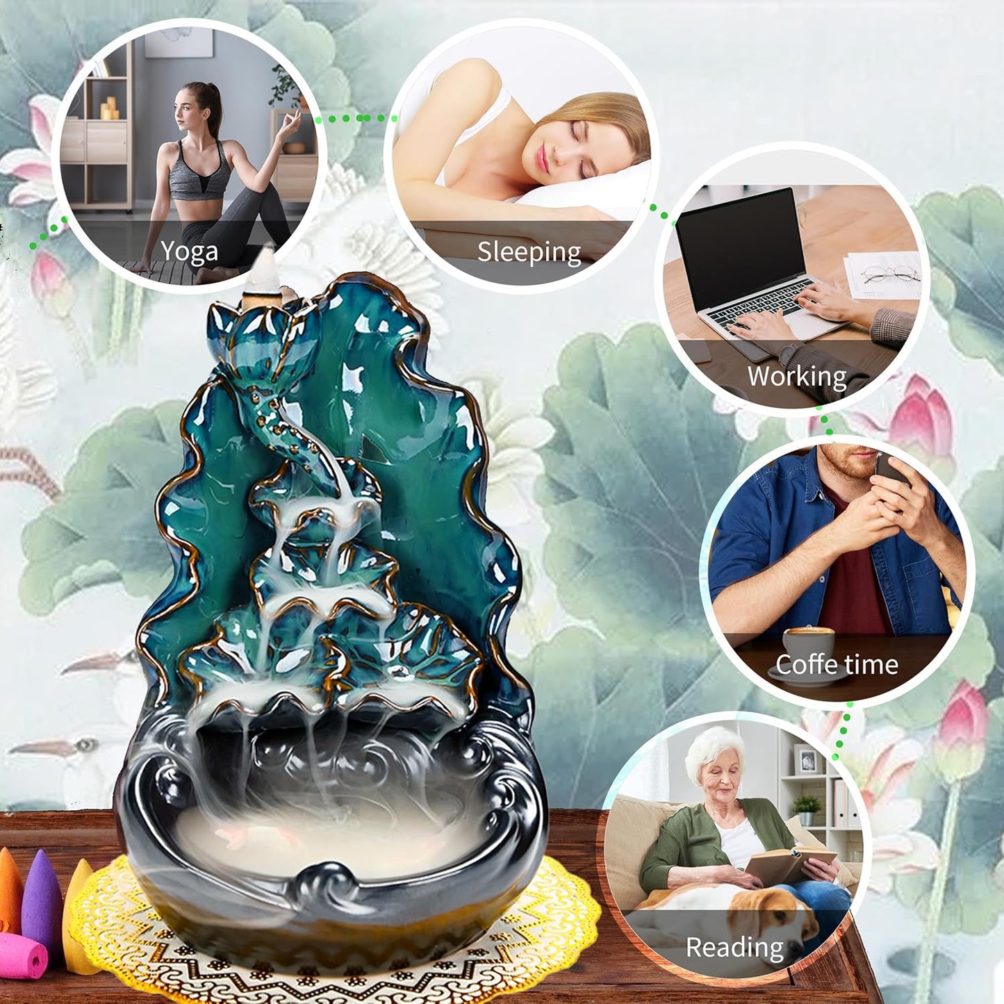 Mountain Waterfall Incense Burner，Backfall Incense Holder River, Incense Falls Meditation Decor for Room with Upgrade Incense Cones and Accessories (Mountain)