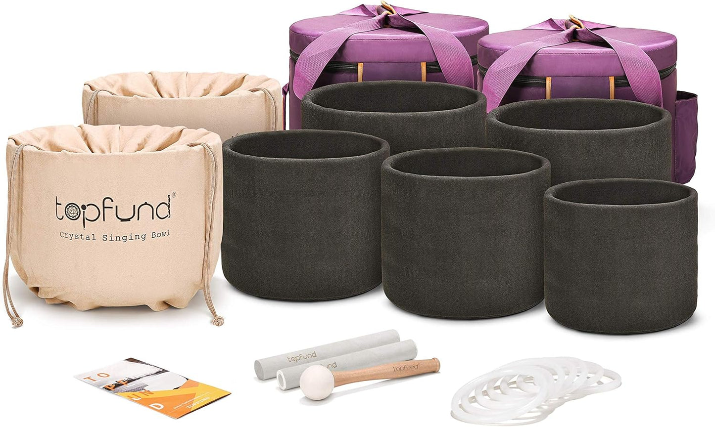 TOPFUND 6-12 inch 432Hz Chakra Set of 7 Crystal Singing Bowls with Heavy Duty Carrying Case and Singing Bowl Mallets