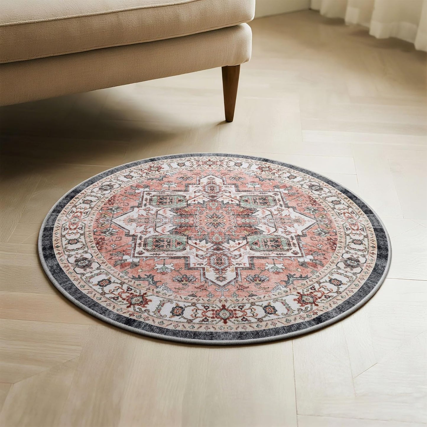 Carvapet 4ft Washable Round Rugs, Modern Abstract Circle Rug, Non Slip Rubber Backing Foldable Low Pile Carpet for Living Room Bedroom, 4ft Red/Orange Rug