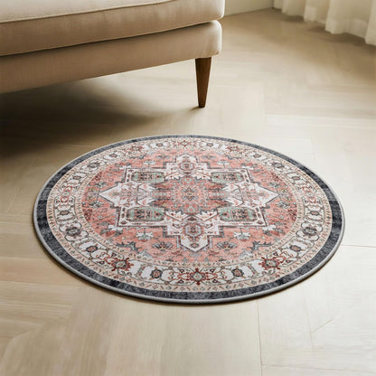 Carvapet 4ft Washable Round Rugs, Modern Abstract Circle Rug, Non Slip Rubber Backing Foldable Low Pile Carpet for Living Room Bedroom, 4ft Red/Orange Rug