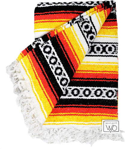 Open Road Goods Heavyweight Mexican Falsa Yoga Blanket, Extra Thick with Stripes - Great Beach, Picnic, or Throw - Handmade Sunfire Red, Orange, and Black Colors
