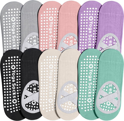 ihuan 6 Pairs Pilates Socks for women, Non-Slip Yoga Socks With Grip&Strap for Dance Barre Ballet Fitness Workout（5-9）