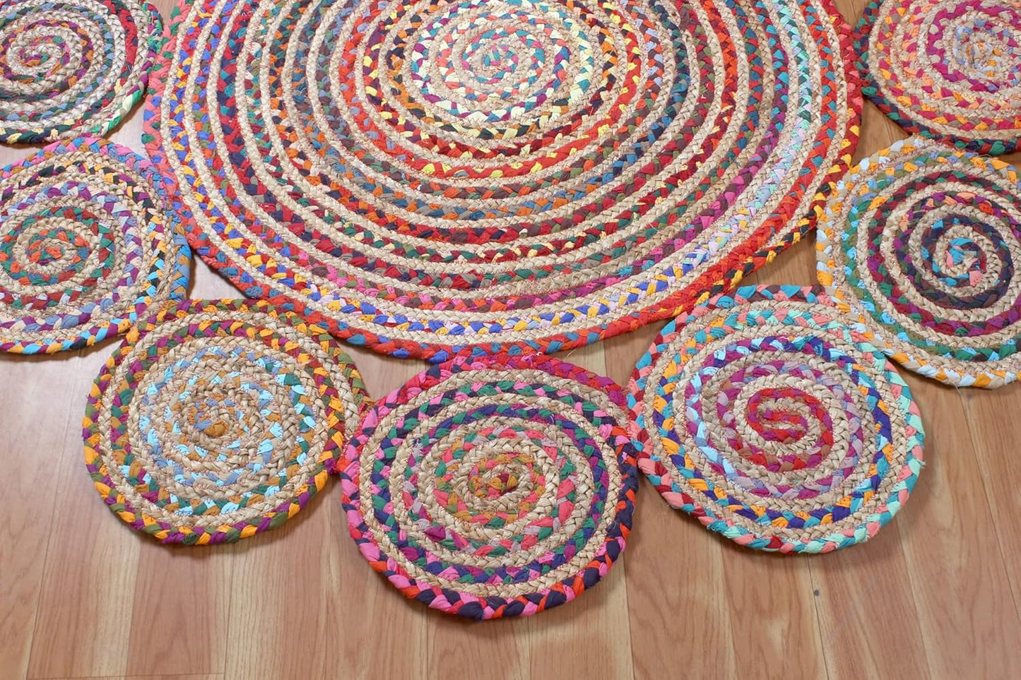 Collection Circle Area Rug - 3 x 3 Ft' Beige and Black Geometric Pettern Jute Mat Ideal for High Traffic Area in Hallway Bedroom Living Room Dining Room Kitchen Terrace Yoga Mat