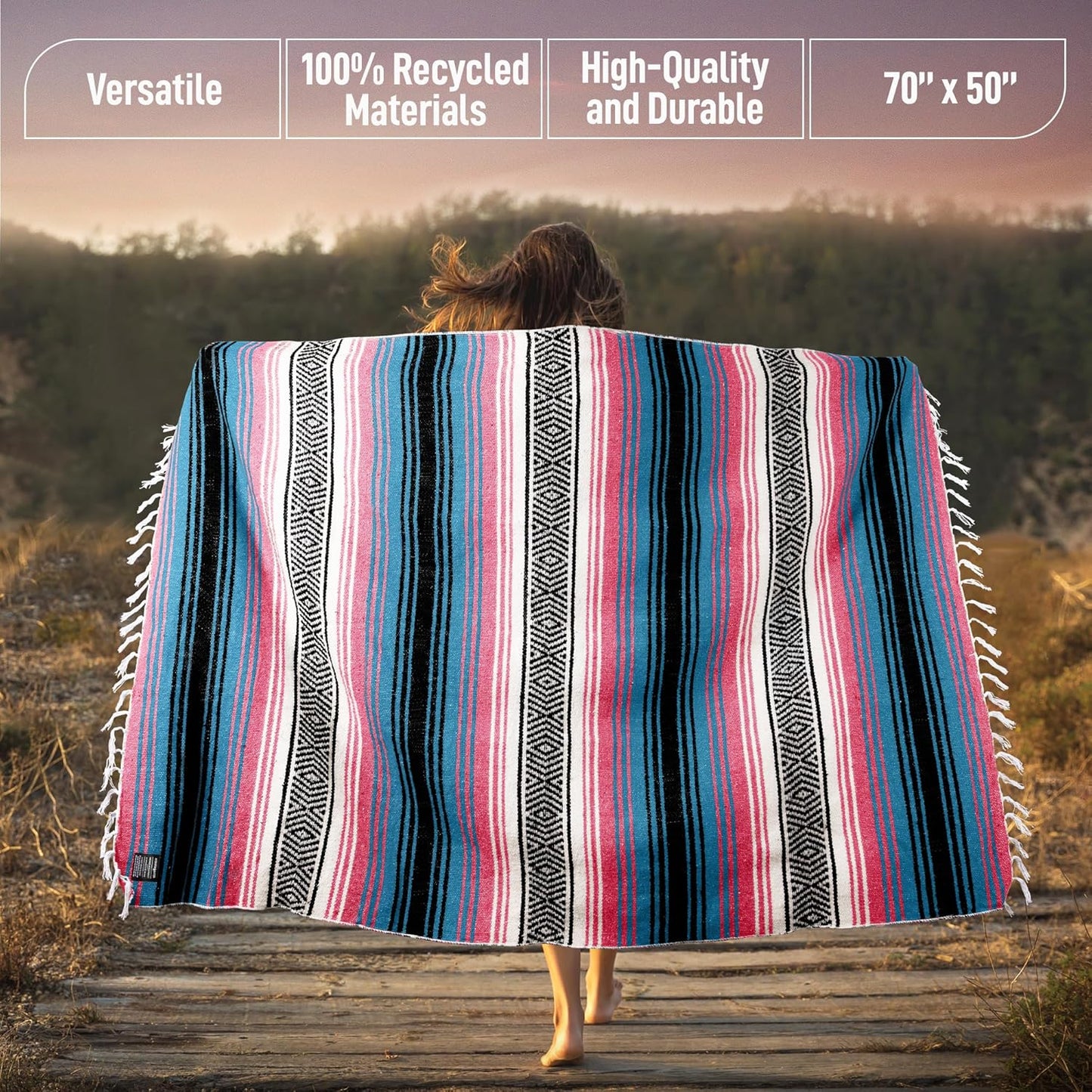 Hydration Nation Authentic Large Handwoven Mexican Blanket - Soft Yoga - Durable Serape - Lightweight Falsa, Beach, Camping, Picnic, Outdoor 70"x50" - Mandarin