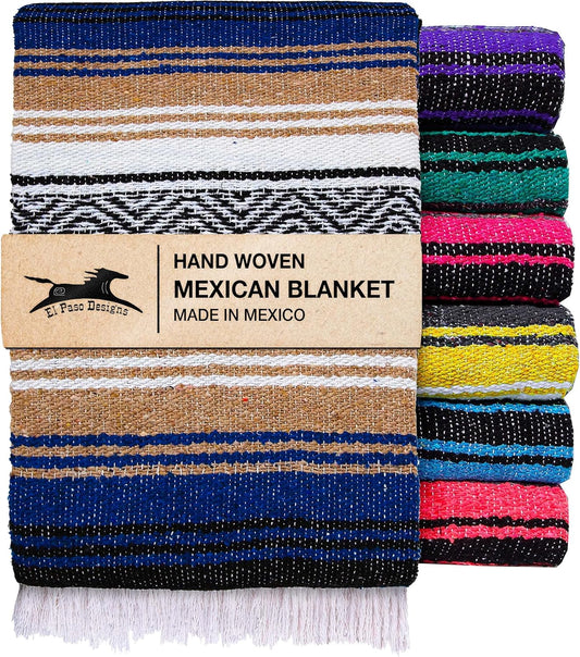 El Paso Designs Mexican Yoga Blanket – Colorful Falsa Serape Throw for Yoga, Beach, Picnic, Saddle, or Home Décor – Soft Woven Boho Blanket (Pink and Blue)