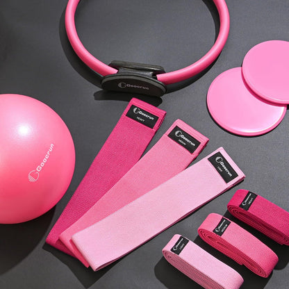 Goocrun Pilates Ring Set Exercise Equipment, with Exercise Resistance Bands Set, Pilates Ball, Sliding Disks. Portable Home Gym - with Fitness Guide Poster