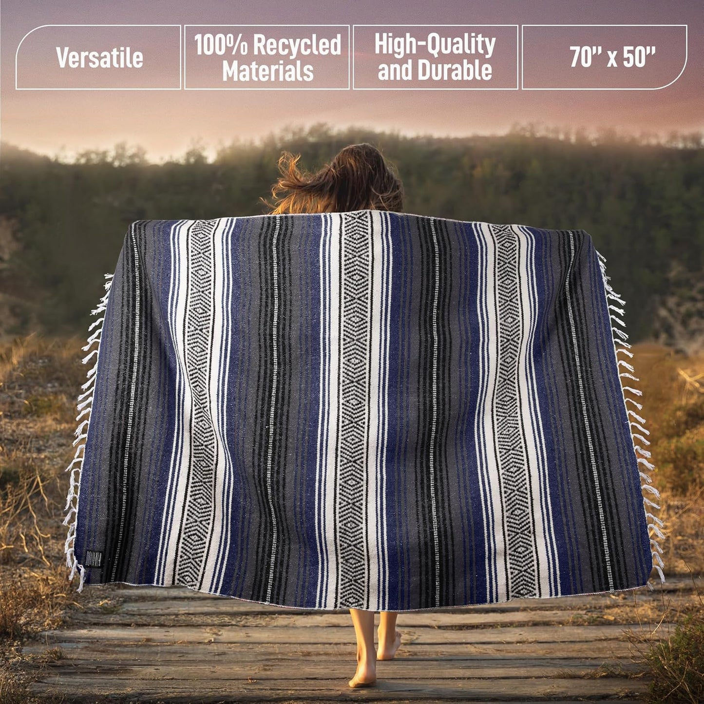 Hydration Nation Authentic Large Handwoven Mexican Blanket - Soft Yoga - Durable Serape - Lightweight Falsa, Beach, Camping, Picnic, Outdoor 70"x50" - Mandarin