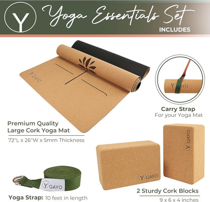 Y O Gayo Premium Cork All-in-One Yoga Essentials Kit -Large Cork Yoga Mat 5mm and Blocks Set with Carry Strap and Alignment lines, 10ft Stretch Strap, Your Ultimate Yoga Starter Set