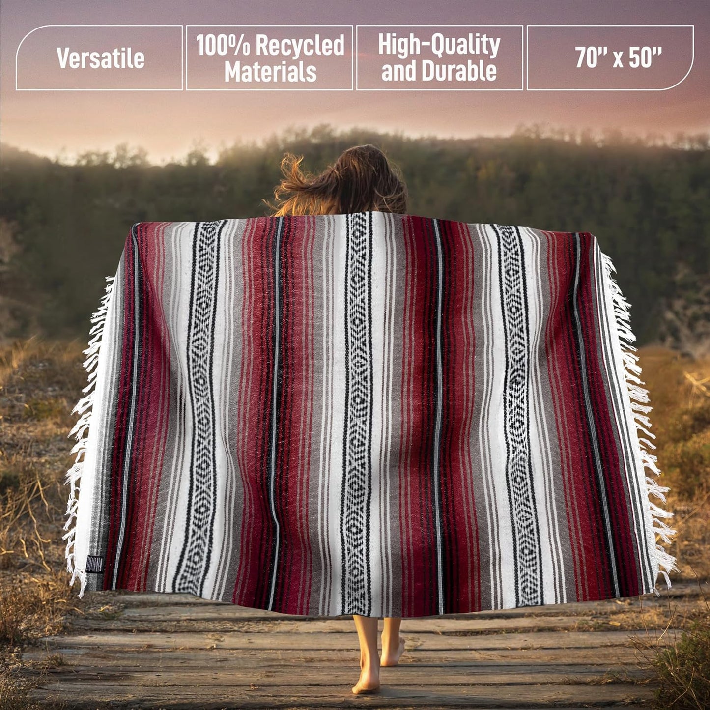 Hydration Nation Authentic Large Handwoven Mexican Blanket - Soft Yoga - Durable Serape - Lightweight Falsa, Beach, Camping, Picnic, Outdoor 70"x50" - Mandarin