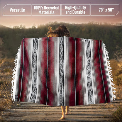 Hydration Nation Authentic Large Handwoven Mexican Blanket - Soft Yoga - Durable Serape - Lightweight Falsa, Beach, Camping, Picnic, Outdoor 70"x50" - Mandarin