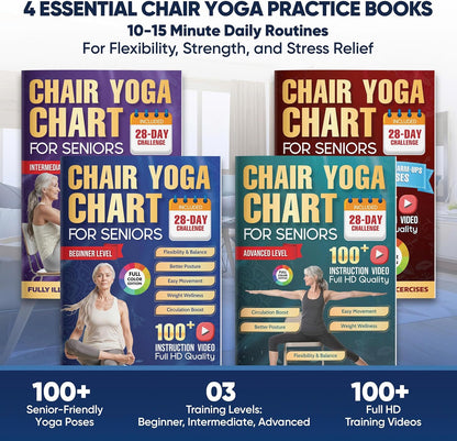 Chair Yoga for Seniors Over 60 Chart 4 Book Set – Chair Yoga Book with 102 Easy Chair Exercises for Seniors included Full HD Videos Instruction, Chair Yoga Chart for Seniors for Balance & Weight Loss