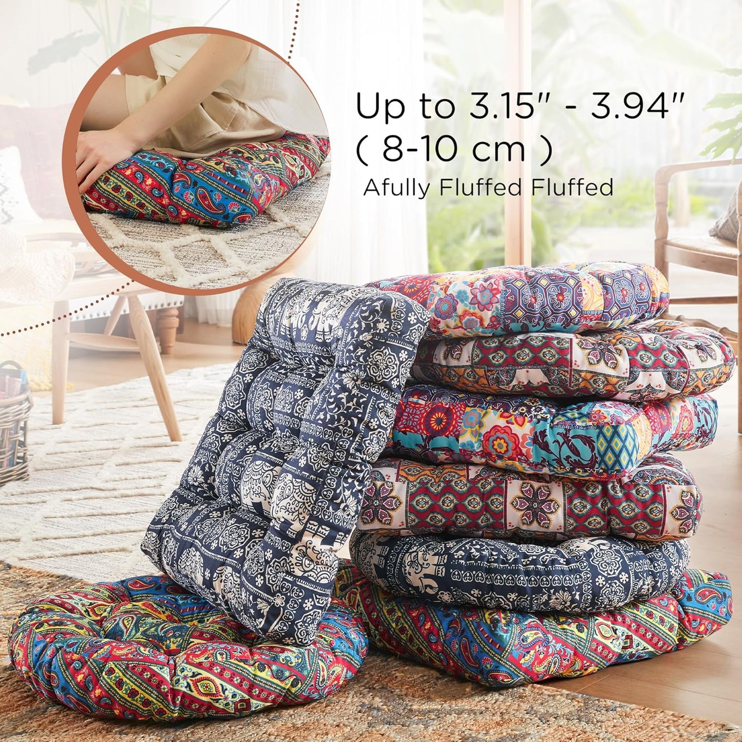 Codi Boho Floor Pillow, Large Meditation Cushion for Adults, Square Pillows Seating for Yoga Living Room Tatami Sitting Home Decor, Memory Foam Added, 22x22 Inch, Multi Patchwork