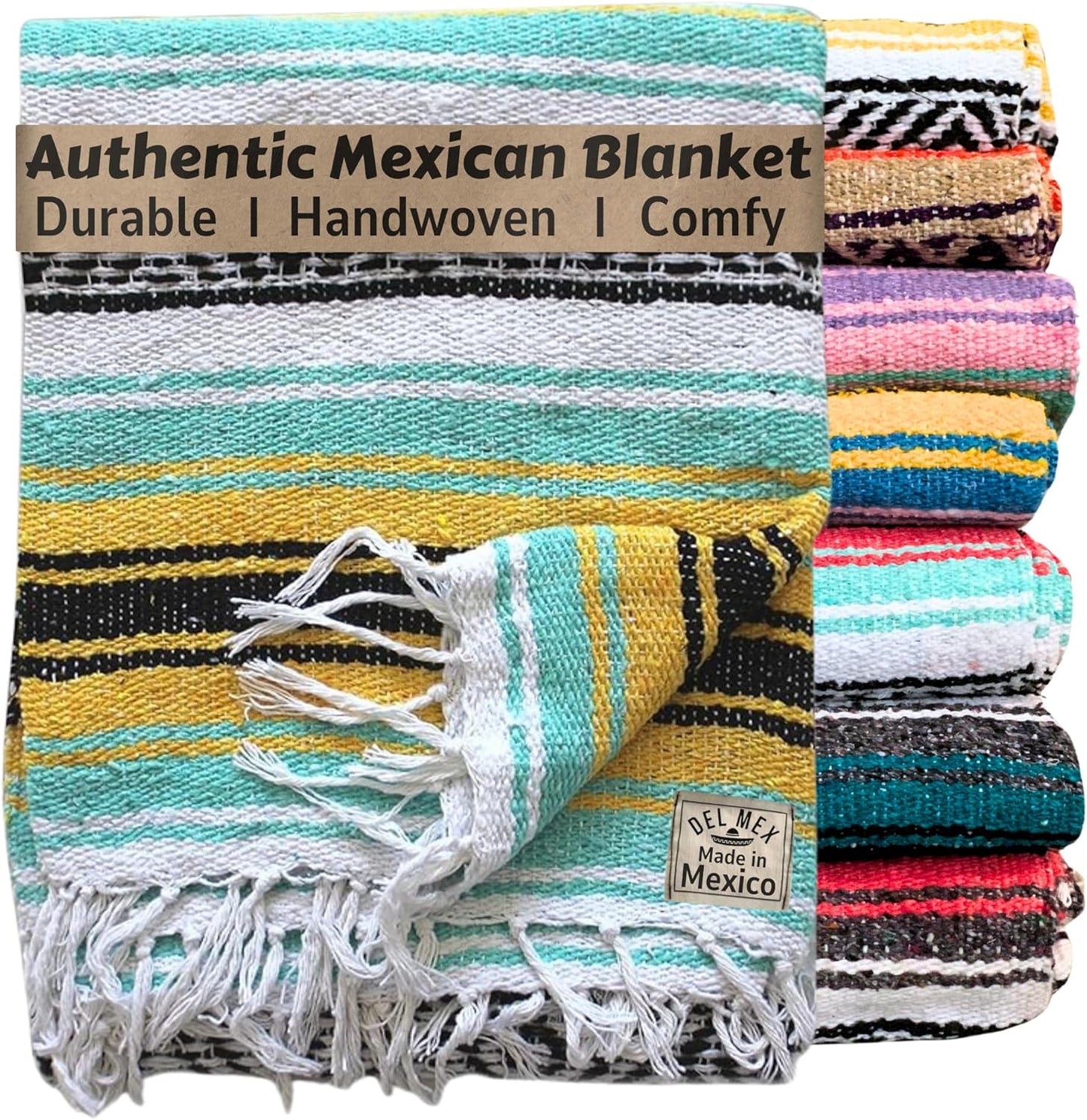 Del Mex Classic Mexican Blanket, Large Authentic Woven Falsa Throw (70"x50"), Artisan Southwest Décor for Beach, Yoga, Outdoors (Lavender)