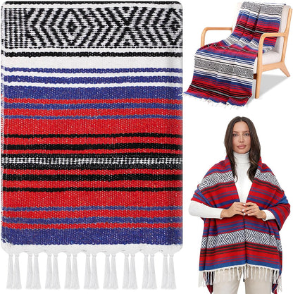 Oudain Mexican Blanket Woven Authentic Cotton Falsa Throw 45 x 70 Inch – Authentic Baja Serape Saddle Blanket Outdoor for Restorative Yoga, Beach, Picnic, Couch, Car Travel(Coastal Calm)