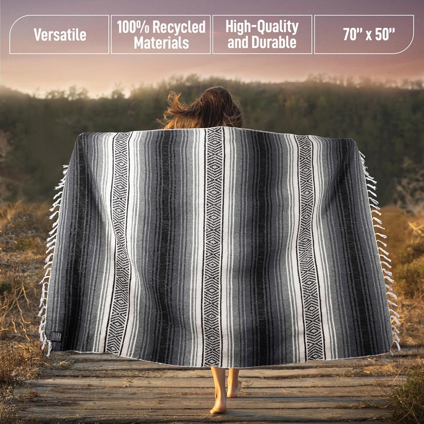 Hydration Nation Authentic Large Handwoven Mexican Blanket - Soft Yoga - Durable Serape - Lightweight Falsa, Beach, Camping, Picnic, Outdoor 70"x50" - Mandarin