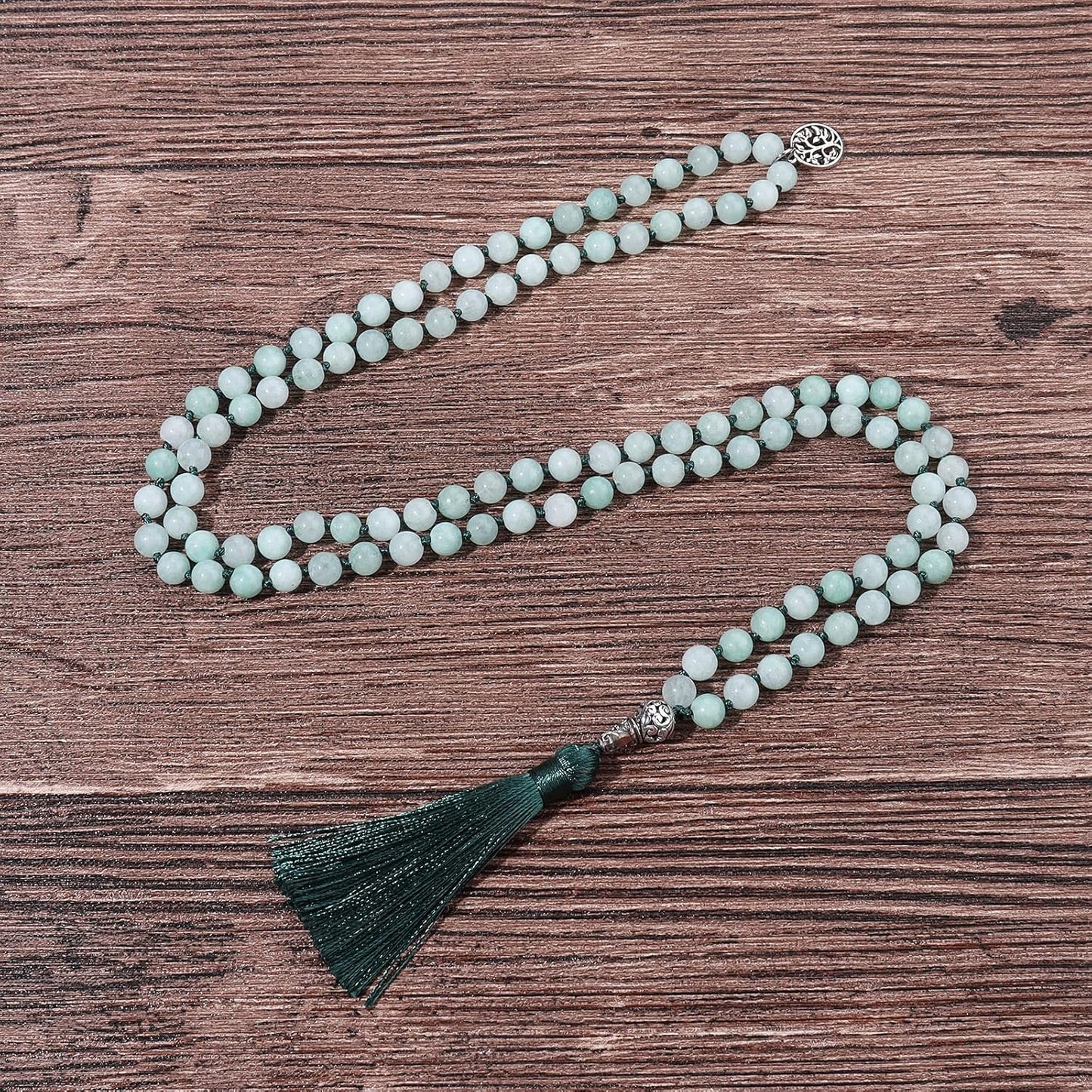 108 Mala Beads Necklace Semi-Precious Gem Stones Meditation Necklace 108 Hand Knotted Japa Mala Beaded Tassel Necklace with Tree of Life Pendant