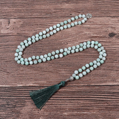 108 Mala Beads Necklace Semi-Precious Gem Stones Meditation Necklace 108 Hand Knotted Japa Mala Beaded Tassel Necklace with Tree of Life Pendant