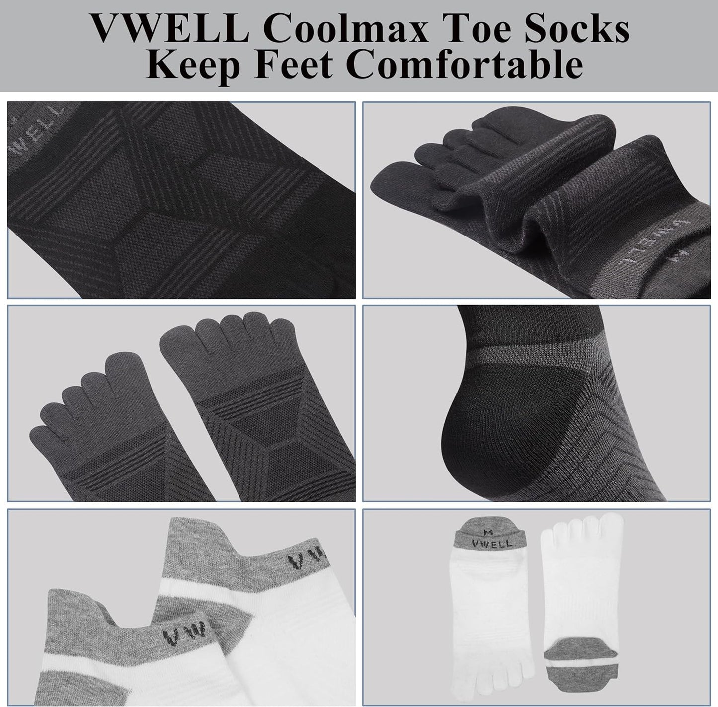 VWELL Toe Socks for Men/Women, COOLMAX Five Finger Socks, High Performance Athletic Toe Socks No Show (3Pairs)