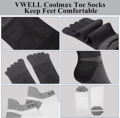 VWELL Toe Socks for Men/Women, COOLMAX Five Finger Socks, High Performance Athletic Toe Socks No Show (3Pairs)