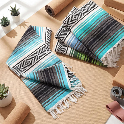 Oudain 4 Pcs Mexican Blankets Bulk Handwoven Mexican Yoga Blanket Towel Colorful Falsa Serape Woven Throw Blanket Boho Beach Blankets for Outdoor Camping Beach Picnic Travel Home (Blue Green)