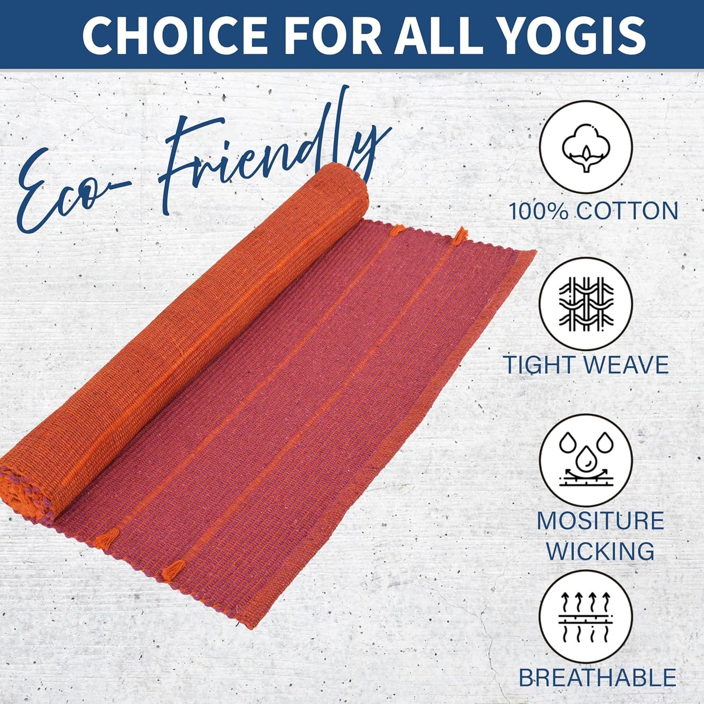 100% Organic Anti-Skid Cotton Yoga or Meditation Mat: Hand-Woven, and Extra-Long(28'’ x 74'’) for Ultimate Comfort and Stability with Cotton Carry bag