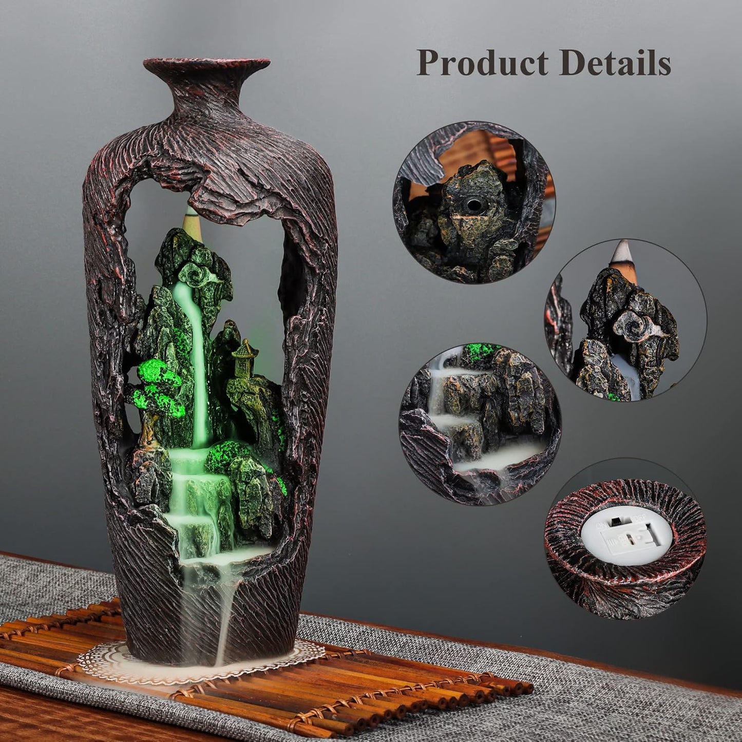 DOBEHOME Mountain Waterfall Incense Burner Backflow Incense Burner Incense Smoke Waterfall with 100 Backflow Incense Cones，Tweezer，Mat (Vase Shape)