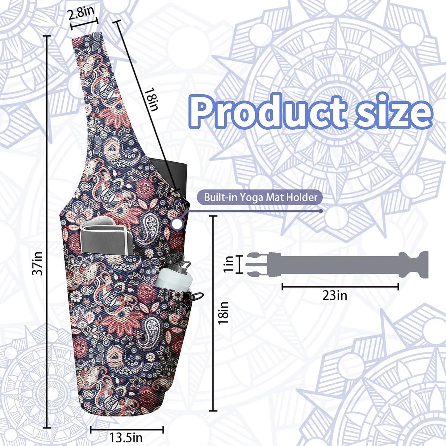 Yoga Bag for Women, Large Yoga Mat Bag Tote Carrier with Wet Dry Pocket, Water Bottle Holder & Adjustable Strap, Fits 1/2" Thick Yoga Mat for Gym, Pilates, Travel, Work