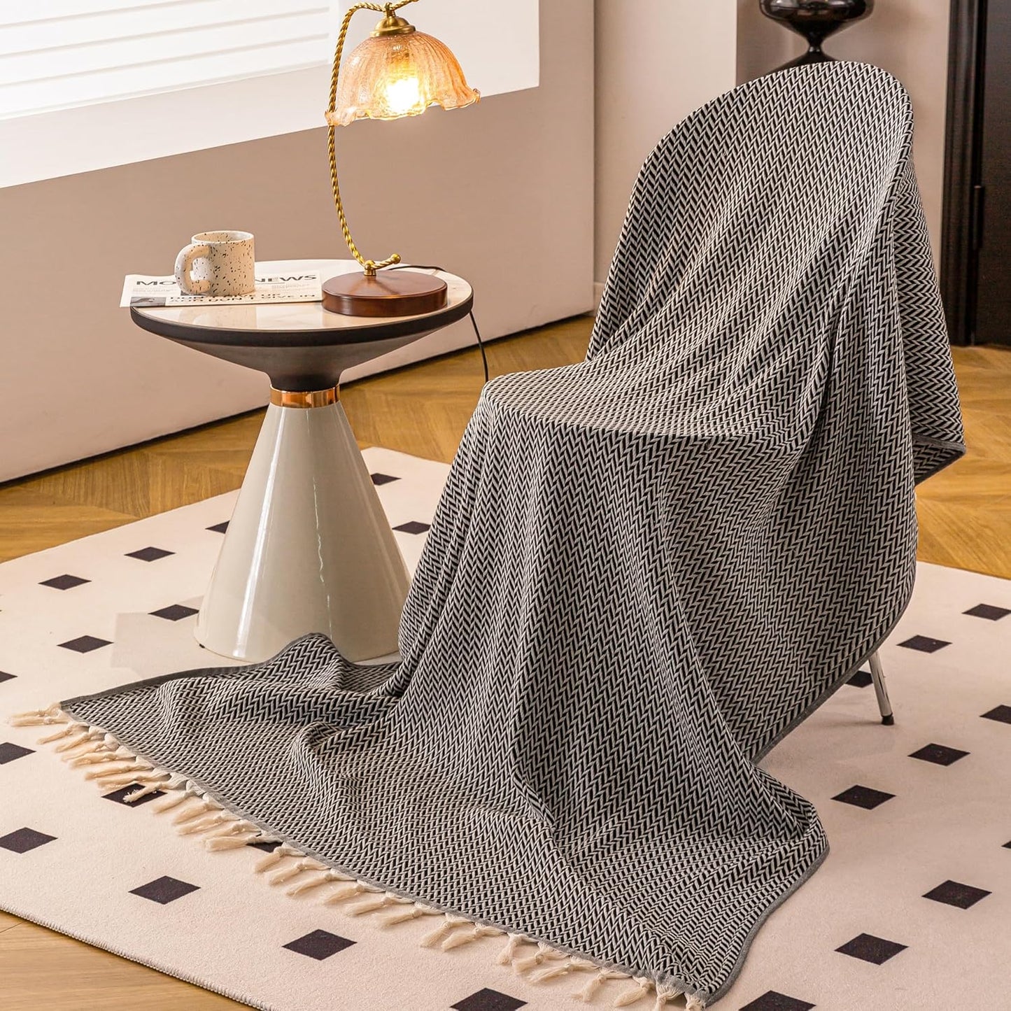 Peshtemania Premium Cotton Throw Blanket, 50x60 inches, Light Blue, Turkish Herringbone, Farmhouse Decor, Yoga Blanket, Picnic Blanket