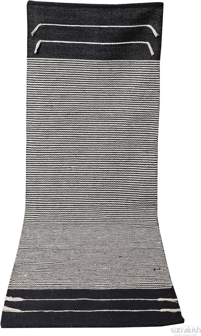Organic Cotton Yoga Rug, Handwoven Non-Slip Yoga Mat 72x24 Inch, Washable Breathable Fitness Mat for Yoga, Pilates & Meditation, Black & White