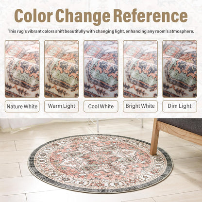 Carvapet 4ft Washable Round Rugs, Modern Abstract Circle Rug, Non Slip Rubber Backing Foldable Low Pile Carpet for Living Room Bedroom, 4ft Red/Orange Rug