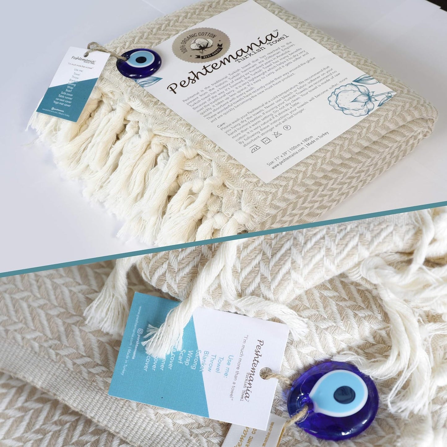 Peshtemania Premium Cotton Throw Blanket, 50x60 inches, Light Blue, Turkish Herringbone, Farmhouse Decor, Yoga Blanket, Picnic Blanket