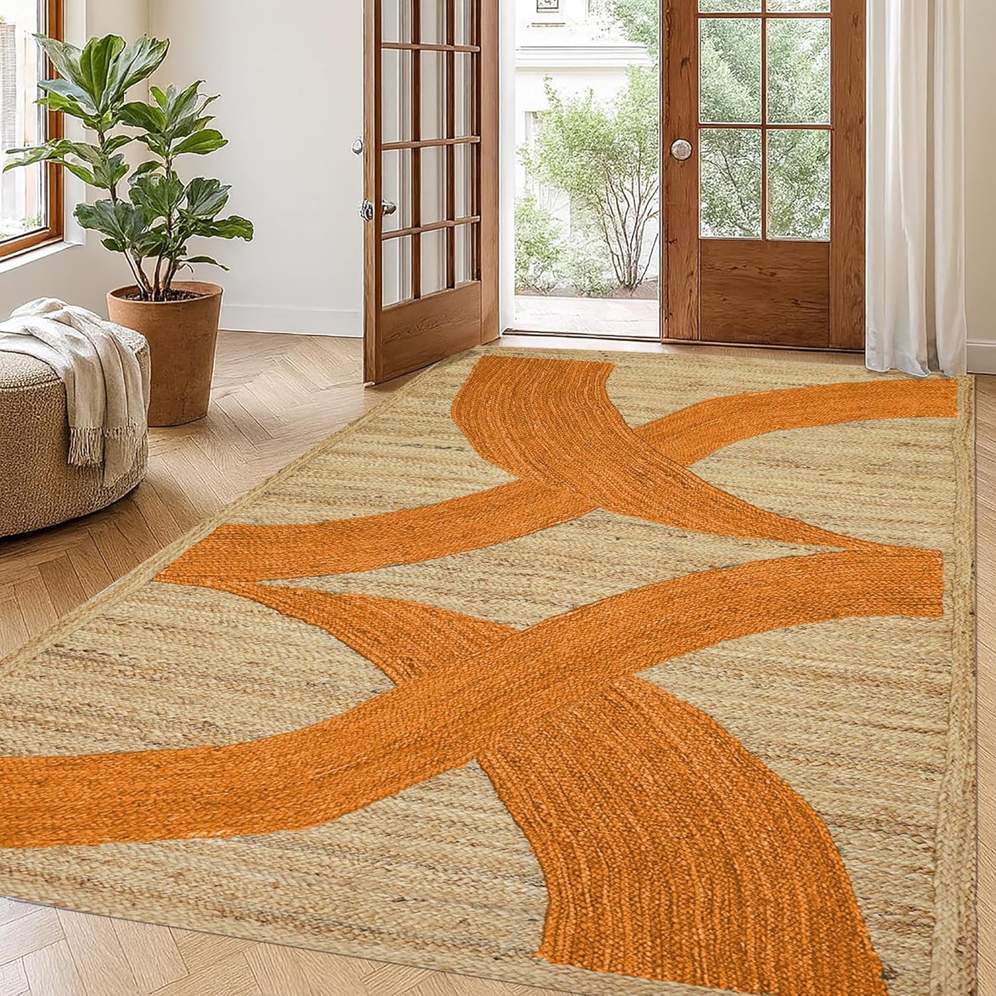 Premium Quality Jute Rug 4x6 Feet Area Rug Natural Fiber Jute Rugs Thick 0.27" Black Abstract Pattern Geometric Rugs for Kids Room, Living Room, Yoga Mat, Indoor Outdoor Carpet - Colors A