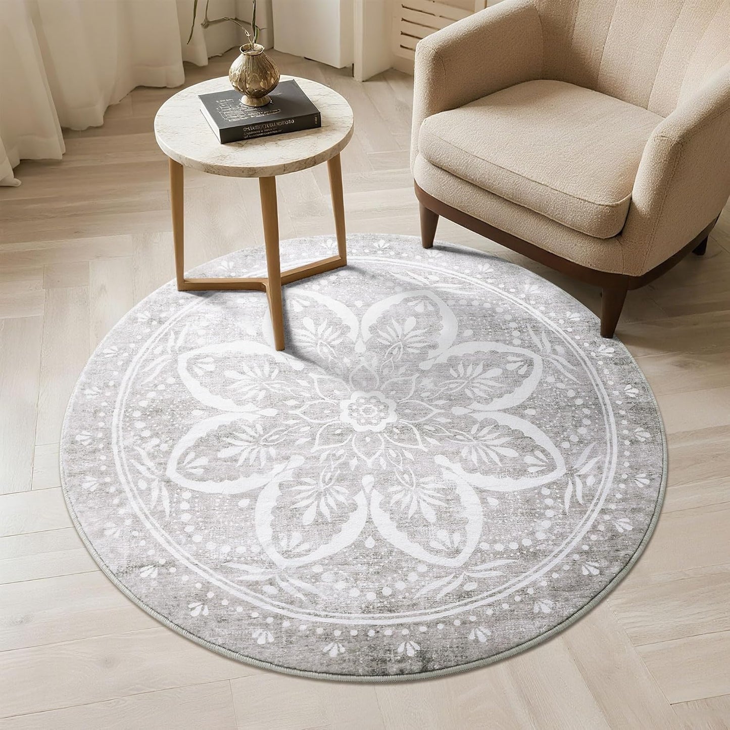 Carvapet 4ft Washable Round Rugs, Modern Abstract Circle Rug, Non Slip Rubber Backing Foldable Low Pile Carpet for Living Room Bedroom, 4ft Red/Orange Rug