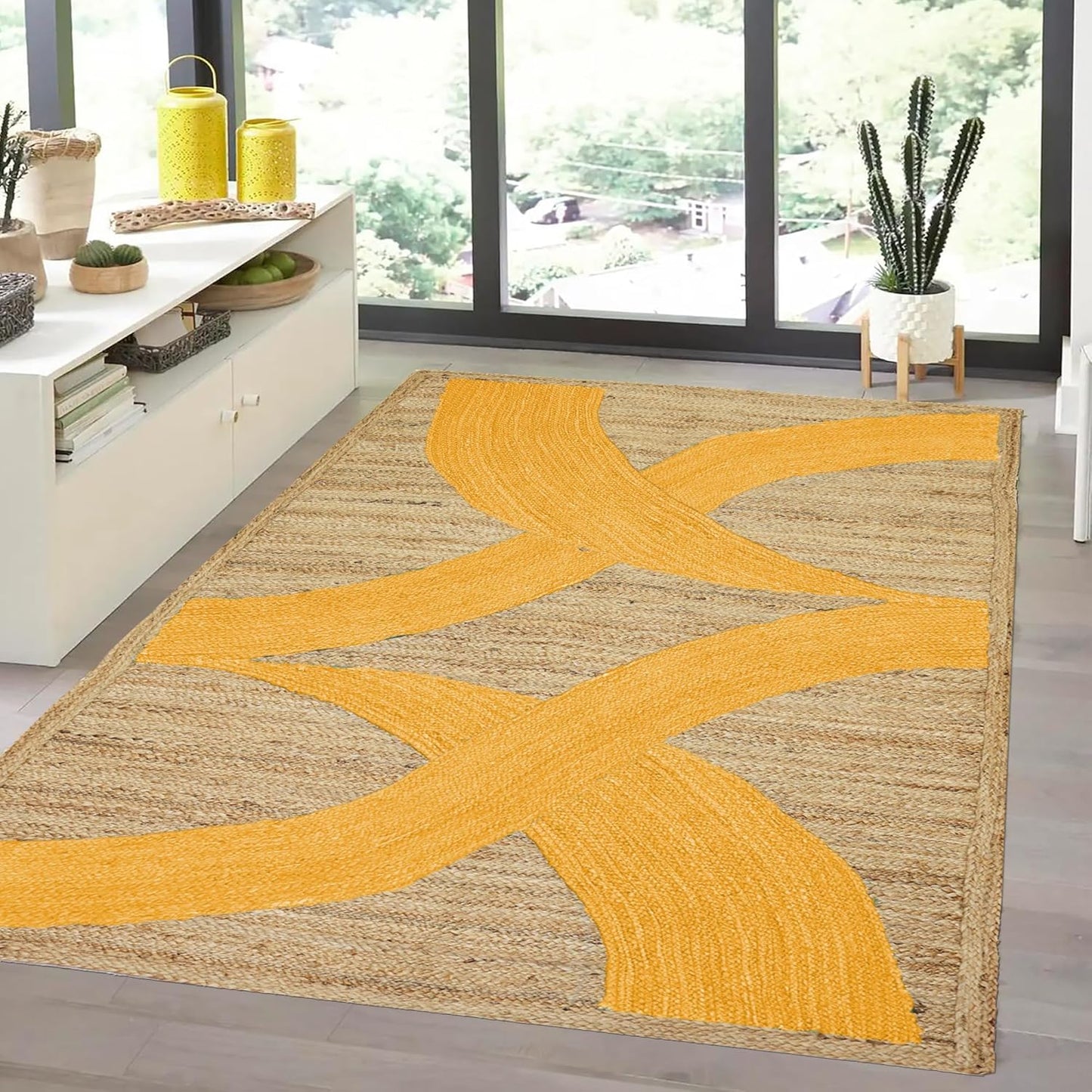 Premium Quality Jute Rug 4x6 Feet Area Rug Natural Fiber Jute Rugs Thick 0.27" Black Abstract Pattern Geometric Rugs for Kids Room, Living Room, Yoga Mat, Indoor Outdoor Carpet - Colors C
