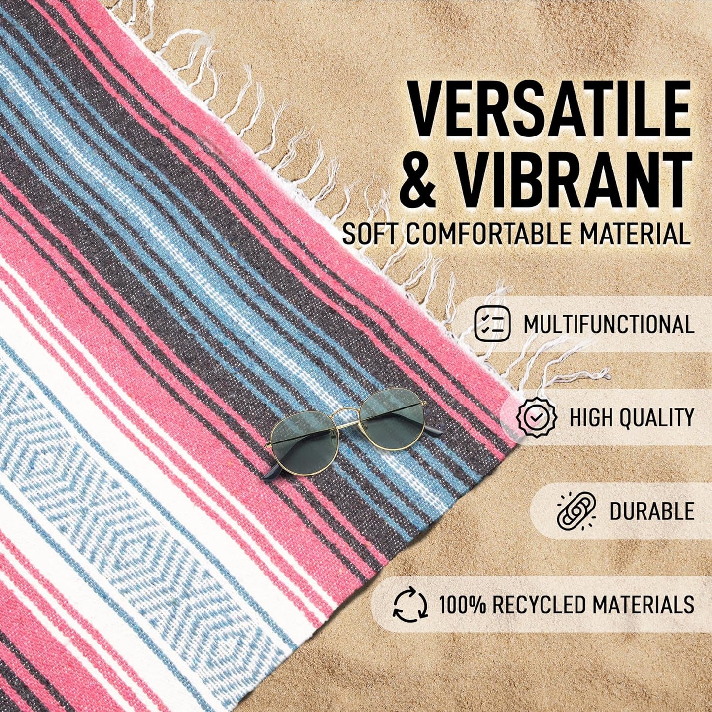 Hydration Nation Authentic Large Handwoven Mexican Blanket - Soft Yoga - Durable Serape - Lightweight Falsa, Beach, Camping, Picnic, Outdoor 70"x50" - Mandarin