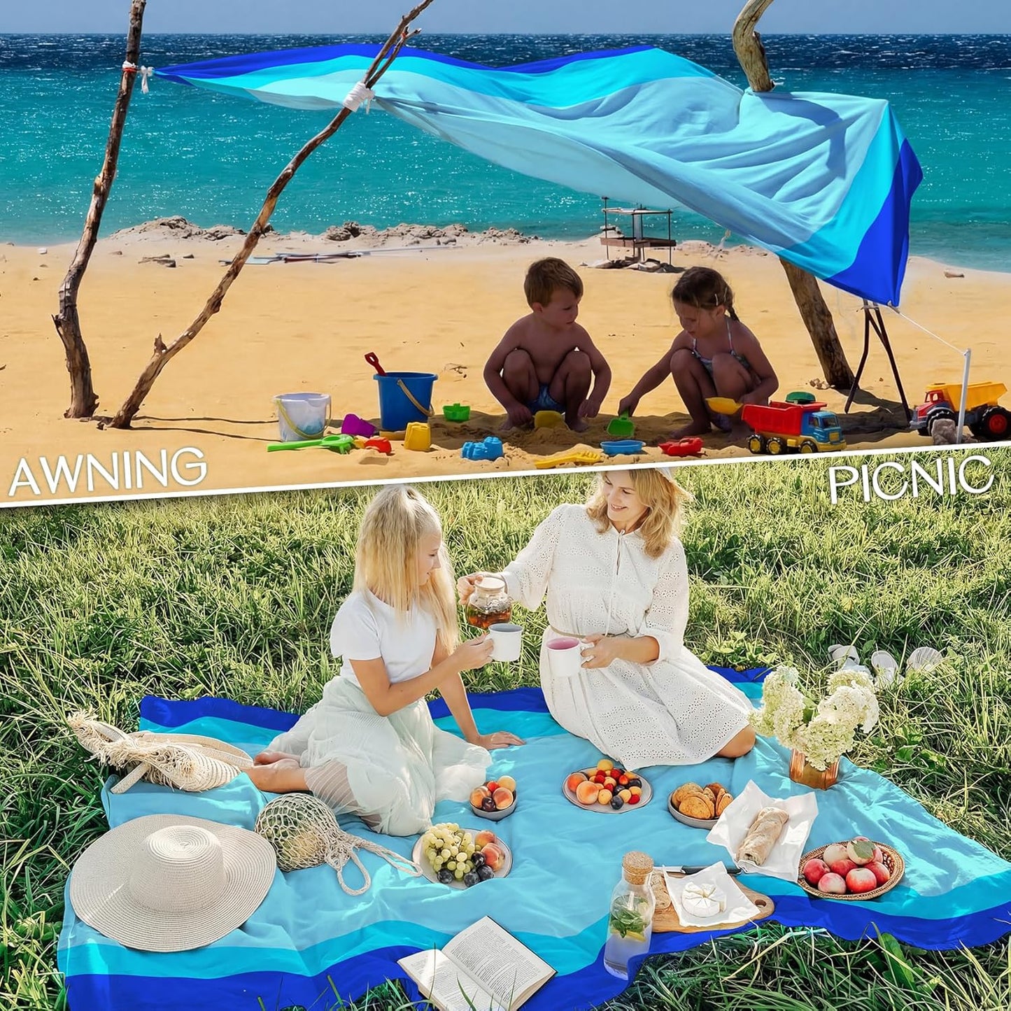 BYDOLL Beach Blanket Waterproof Sandproof Large Sand Free,78''X81''/10'X9' Oversized Sandless Lightweight Blanket Picnic Mat for Beach Travel Camping Hiking with Stakes