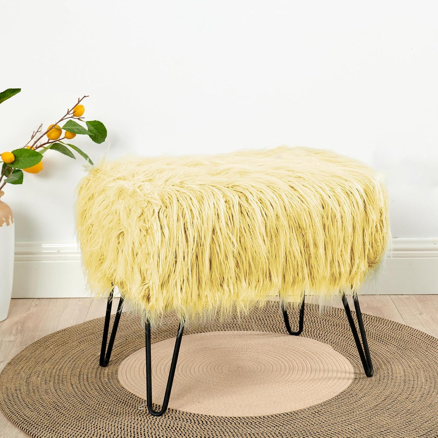 Home Soft Things Green Mongolian Faux Fur Ottoman, Desert Sage, 19'' x 13'' x 17'', Cozy Plush Fluffy Ottoman Foot Rest Stool for Living Room Bedroom Entryway Makeup Bench End of Bed Home Décor