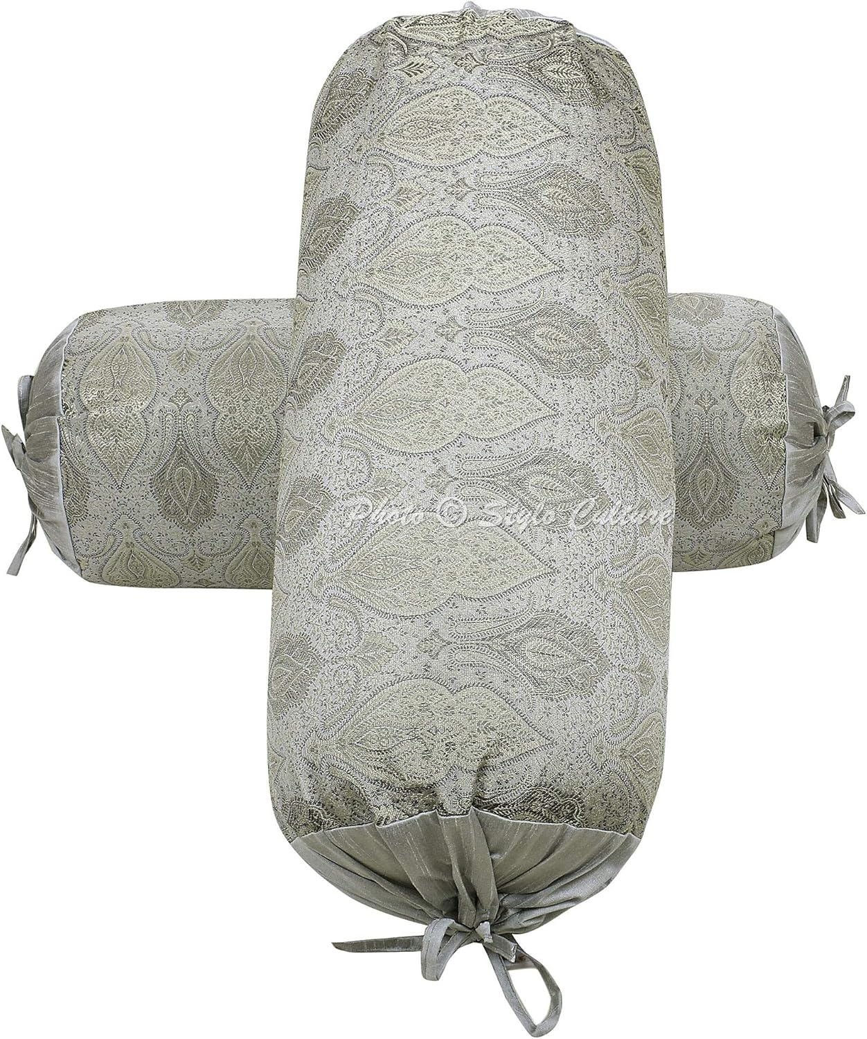 Ethnic Decorative Brocade Bolster Pillow Covers Grey Damask Silk Jacquard Weave Round Meditation Pillow Traditional Floral Cylindrical Cushion Covers - (76x38 cm) | Set of 2 Pcs