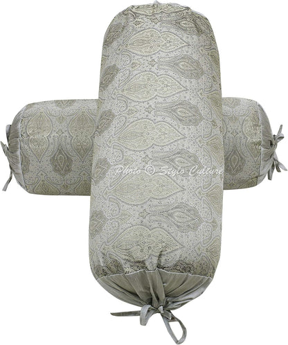 Ethnic Decorative Brocade Bolster Pillow Covers Grey Damask Silk Jacquard Weave Round Meditation Pillow Traditional Floral Cylindrical Cushion Covers - (76x38 cm) | Set of 2 Pcs