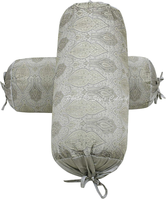 Ethnic Decorative Brocade Bolster Pillow Covers Grey Damask Silk Jacquard Weave Round Meditation Pillow Traditional Floral Cylindrical Cushion Covers - (76x38 cm) | Set of 2 Pcs