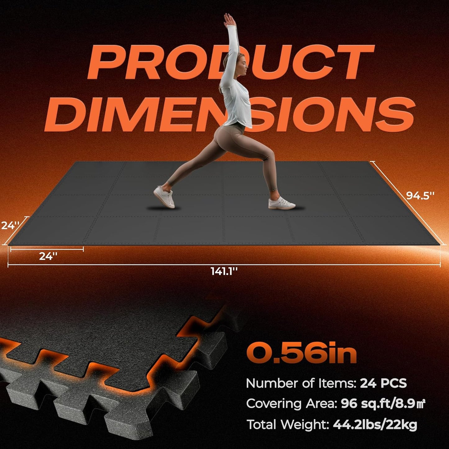 SUPERJARE 0.56'' Thick 12 Pcs 48 Sq Ft Rubber Top Exercise Equipment Mats, High Density EVA Foam Mats with Rubber Top, Interlocking Gym Flooring for Home Gym, Protective Workout Mat, Black/Grey