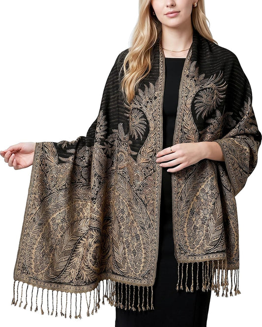 Achillea Reversible Paisley Pashmina Rave Scarf – Exotic Indian Shawls and Wraps for Evening Dresses, Festivals, All Seasons - Colors A