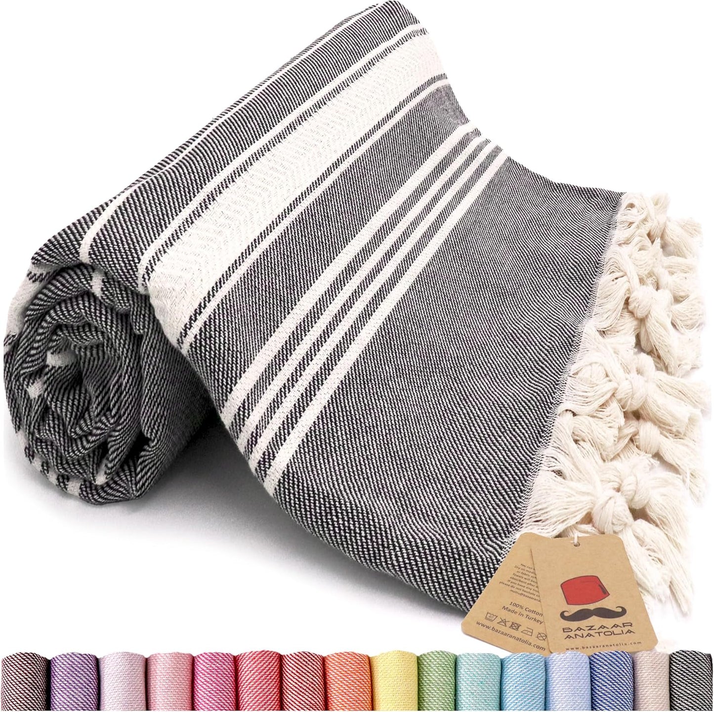 Bazaar Anatolia Turkish Beach Towel – 100% Cotton, Quick Dry, Lightweight and Sand Free – Perfect for Bathroom, Travel, Yoga, Camping, Oversized 71x39 inches - Diamond Black - Colors B