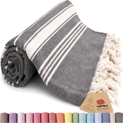 Bazaar Anatolia Turkish Beach Towel – 100% Cotton, Quick Dry, Lightweight and Sand Free – Perfect for Bathroom, Travel, Yoga, Camping, Oversized 71x39 inches - Diamond Black - Colors B
