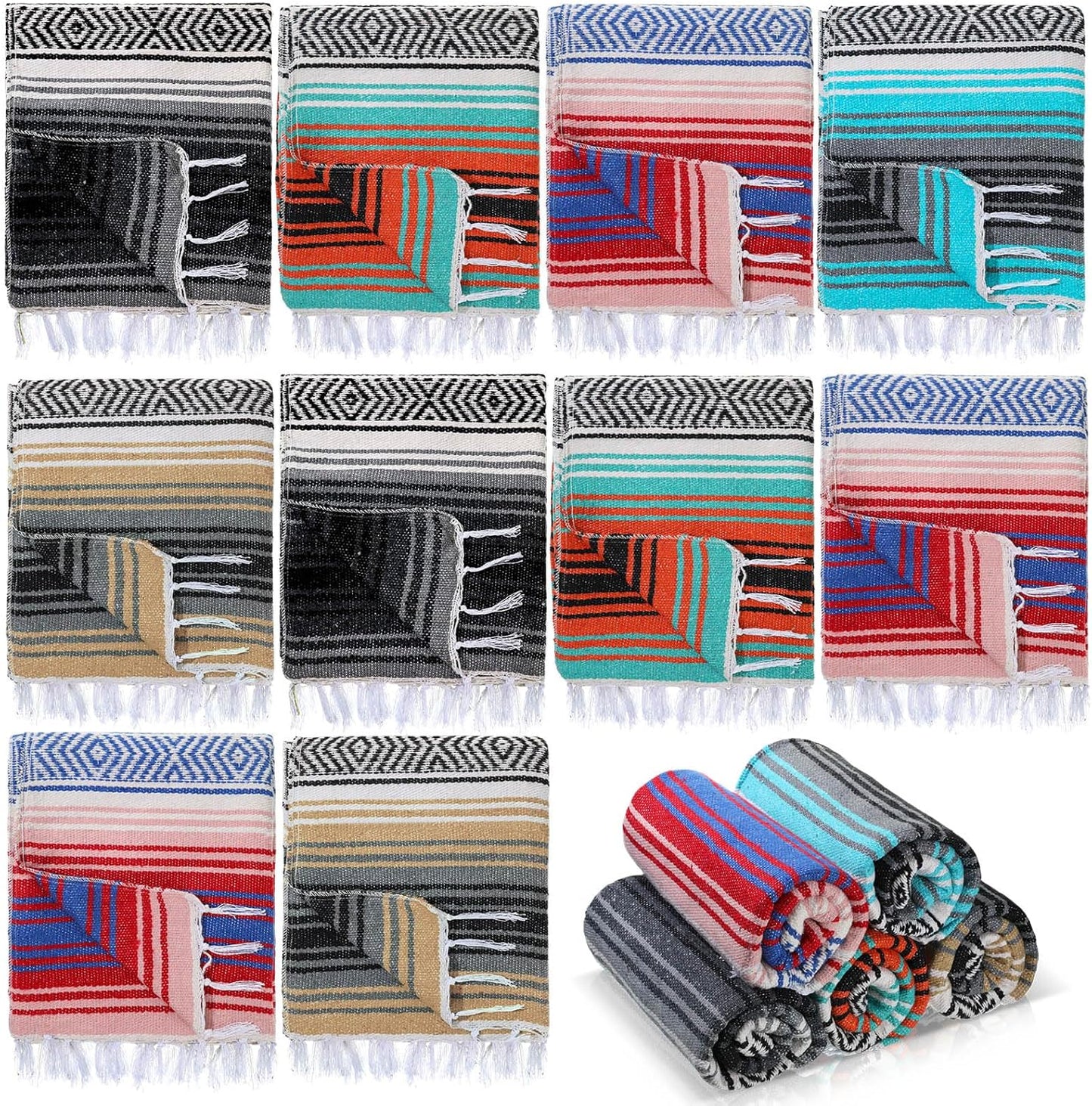 Preboun 10 Pieces Mexican Blanket Bulk Authentic Woven Yoga Blanket Large Picnic Camping Rug Colorful Striped Serape for Beach Outdoor Grass Car Home(Multi Color)