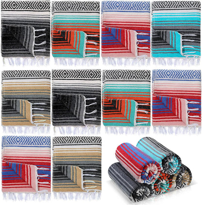 Preboun 10 Pieces Mexican Blanket Bulk Authentic Woven Yoga Blanket Large Picnic Camping Rug Colorful Striped Serape for Beach Outdoor Grass Car Home(Multi Color)