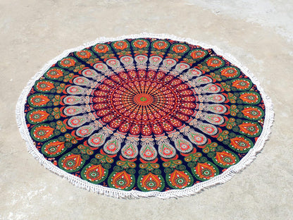 Mandala Round Beach Tapestry Boho Hippie Blanket Bohemian Large Table Cloth Home Decor Yoga Mat Meditation Picnic Rug Throw Hippy Gypsy Tablecloth Roundie (42 Inches, Orange And Blue)